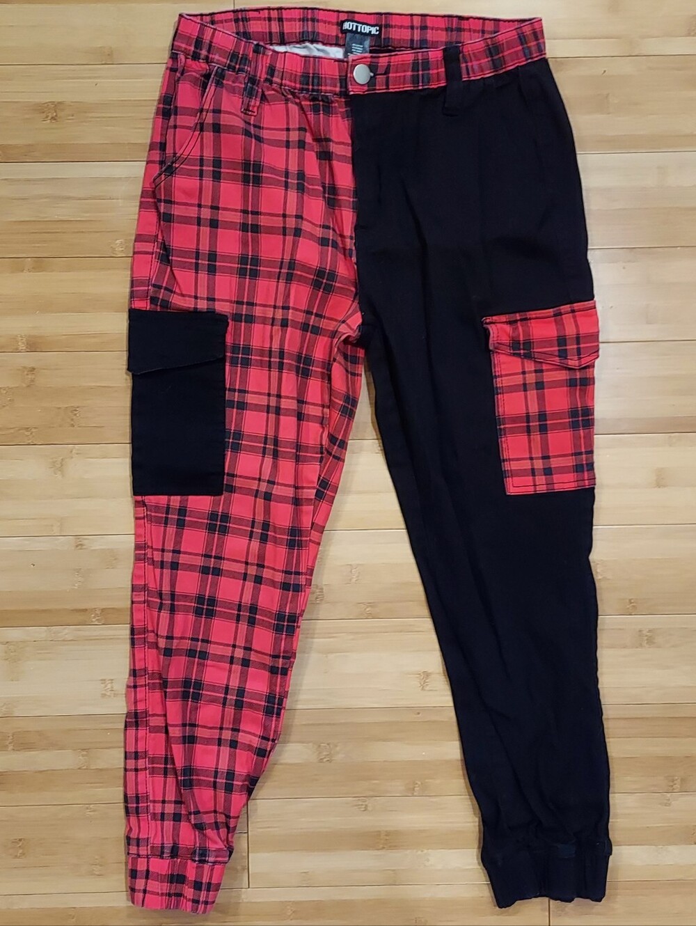 Hot Topic Black & Red Plaid Split Cargo Jogger Pants Size Large